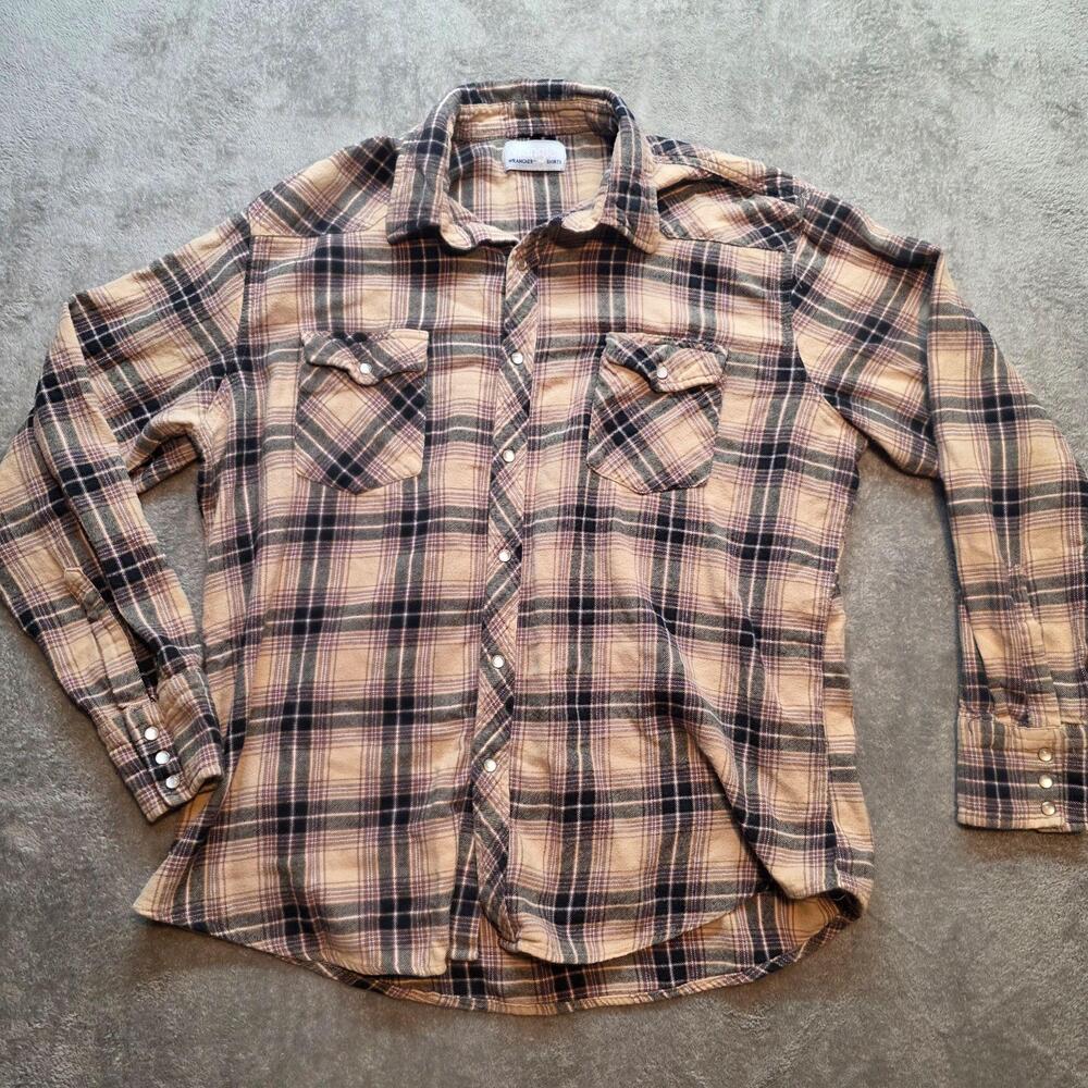 Wrangler Button Up Shirt Mens XL Beige Plaid Flannel Long Sleeve Western Snap